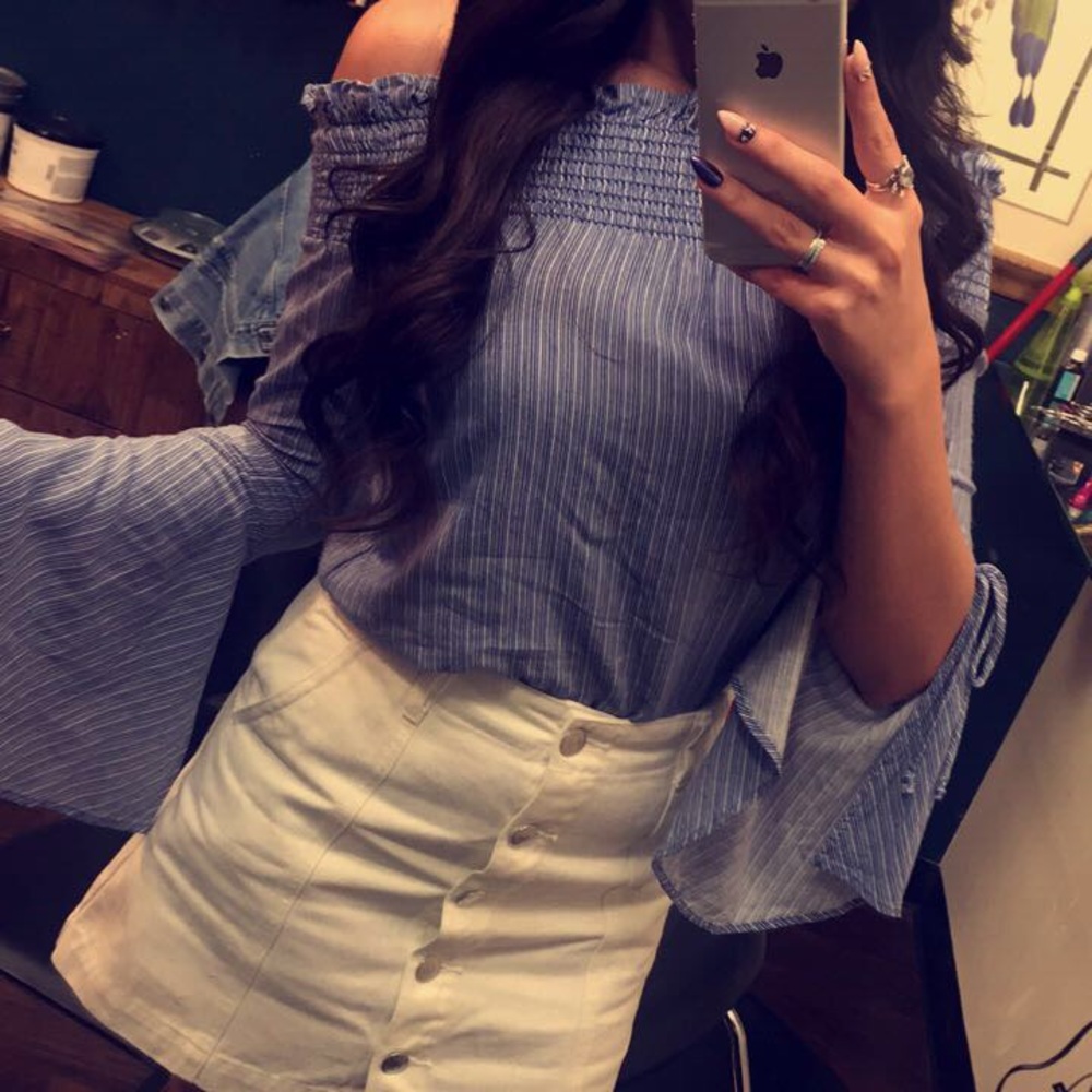 OffShoulder Fan Sleeve Blue and White Stripe Dress